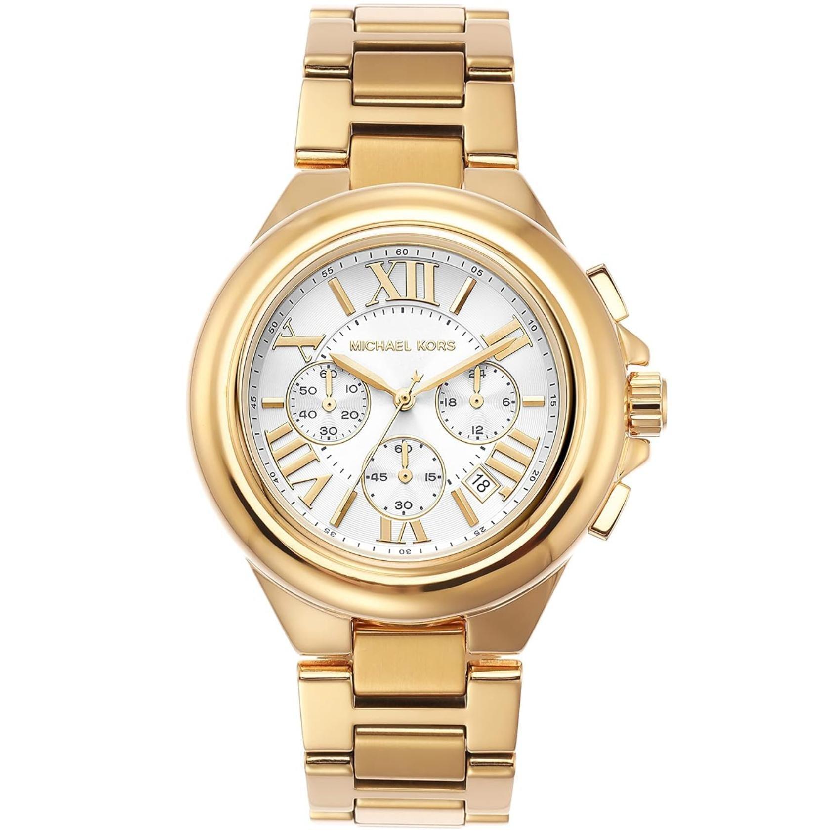 Γυναικείο ρολόι Michael Kors Camille MK7270 χρονογράφος με χρυσό ατσάλινο μπρασελέ, στρογγυλό άσπρο καντράν με λατινικούς αριθμούς και στεφάνι 43mm.