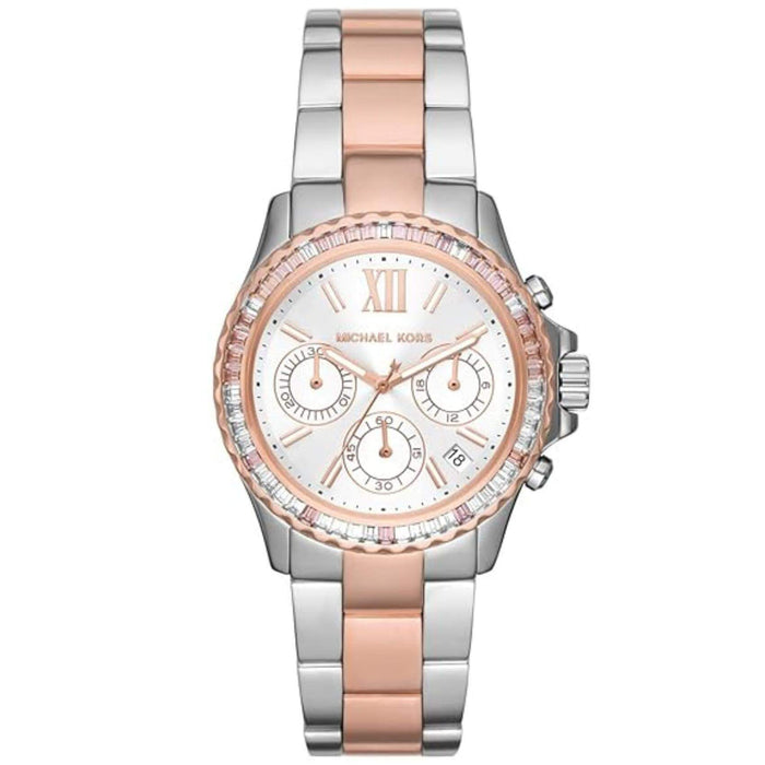 Γυναικείο ρολόι Michael Kors Everest MK7214 με δίχρωμο ασημί-ροζ χρυσό ατσάλινο μπρασελέ, στρογγυλό άσπρο φίλντισι καντράν και στεφάνι 36mm με ζιργκόν.