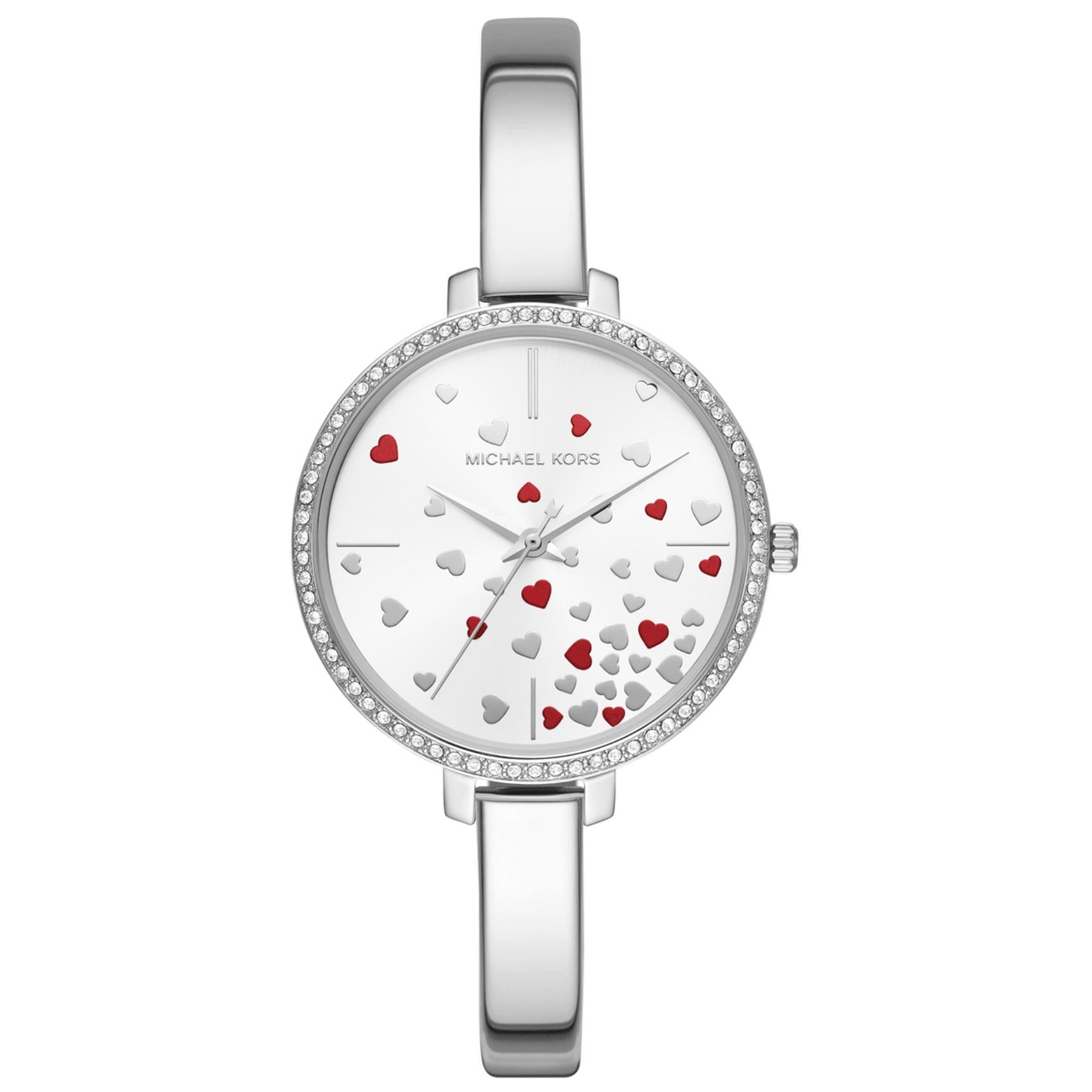 Γυναικείο ρολόι Michael Kors Jaryn MK3976 με λεπτό ασημί μπρασελέ, στρογγυλό ασημί καντράν με κόκκινες καρδιές και στεφάνι 36mm με ζιργκόν.