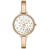 Γυναικείο ρολόι Michael Kors Jaryn MK3977 με λεπτό χρυσό μπρασελέ, στρογγυλό άσπρο καντράν με χρυσές καρδιές και στεφάνι 36mm με ζιργκόν.