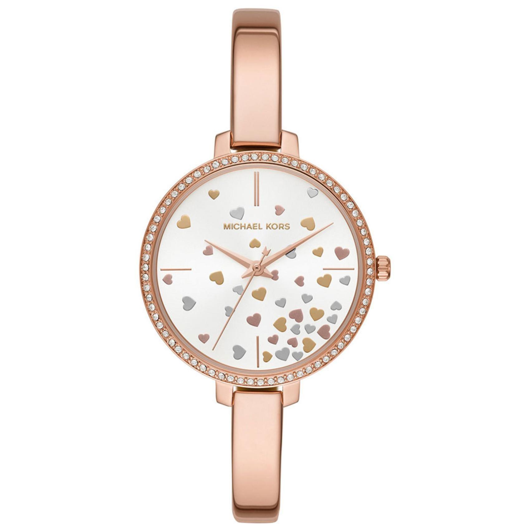 Γυναικείο ρολόι Michael Kors Jaryn MK3978 με λεπτό ροζ χρυσό μπρασελέ, στρογγυλό άσπρο καντράν με ροζ χρυσές καρδιές και στεφάνι 36mm με ζιργκόν.