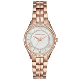 Γυναικείο ρολόι Michael Kors Lauryn MK3716 με ατσάλινο μπρασελέ σε ροζ χρυσό χρώμα, στρογγυλό άσπρο καντράν από φίλντισι και στεφάνι 33mm με ζιργκόν.