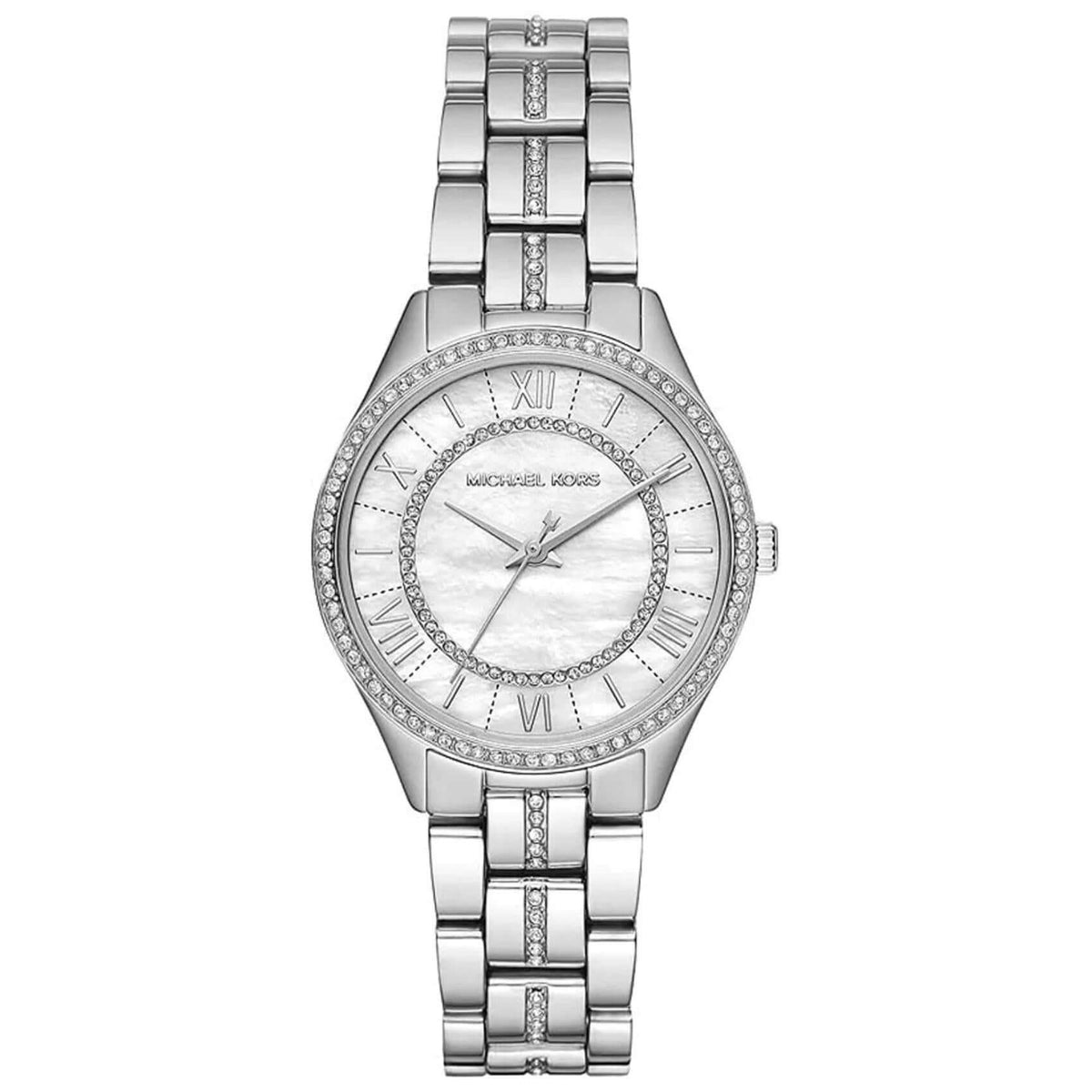 Ρολόι Michael Kors Lauryn MK3900 με ασημί ατσάλινο μπρασελέ και άσπρο φίλντισι καντράν διαμέτρου 33mm διακοσμημένο με λαμπερά ζιργκόν.