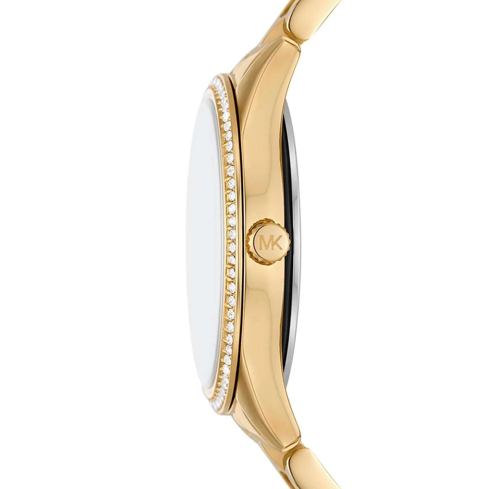 Ρολόι Michael Kors Lauryn MK4737 με χρυσό ατσάλινο μπρασελέ και πράσινο καντράν διαμέτρου 33mm διακοσμημένο με λαμπερά ζιργκόν.