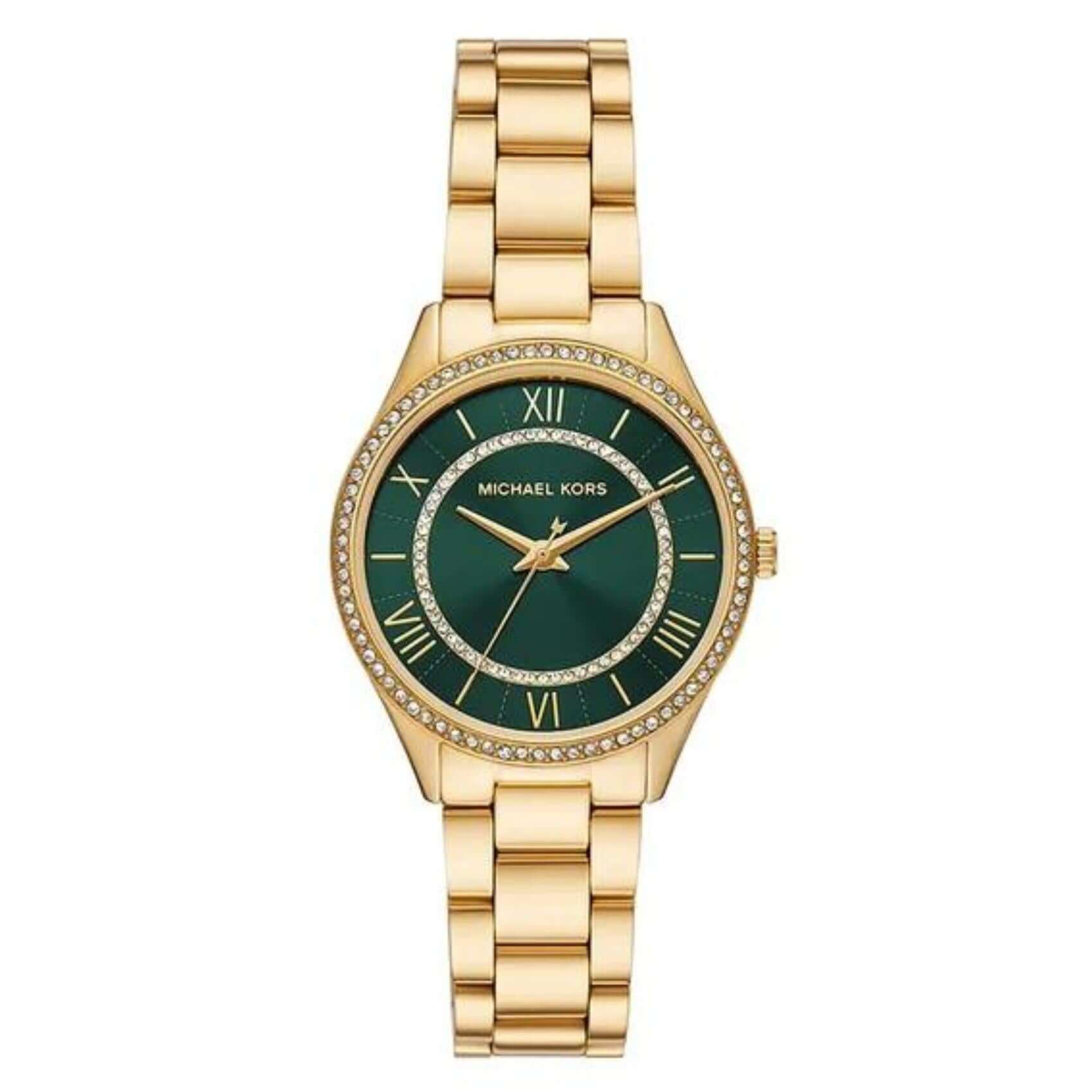Ρολόι Michael Kors Lauryn MK4737 με χρυσό ατσάλινο μπρασελέ και πράσινο καντράν διαμέτρου 33mm διακοσμημένο με λαμπερά ζιργκόν.