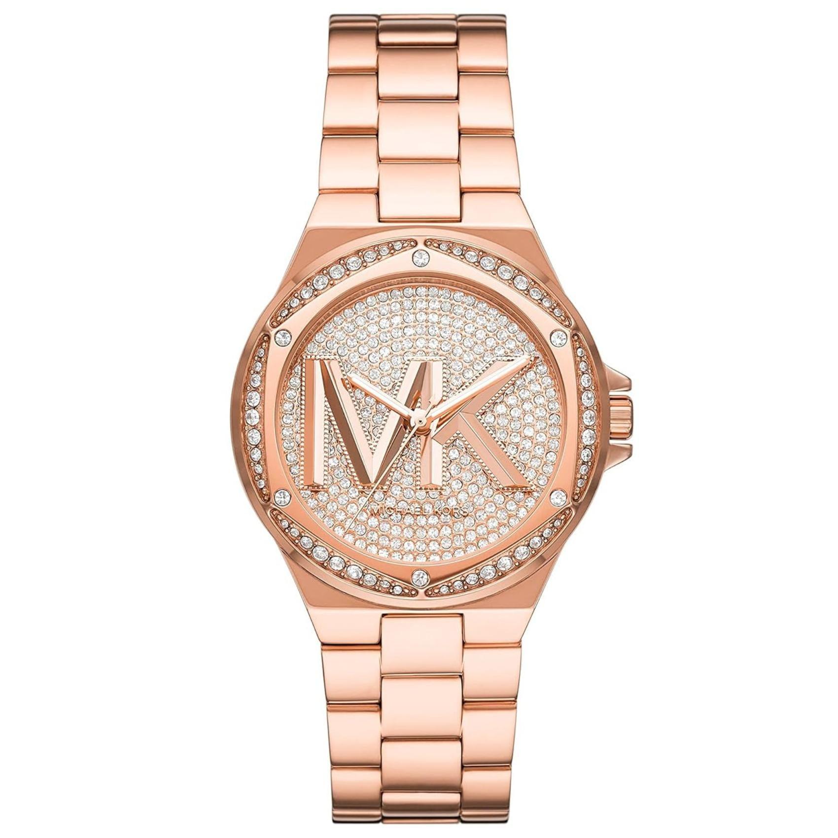 Γυναικείο ρολόι Michael Kors Lennox MK7230 με ροζ χρυσό ατσάλινο μπρασελέ, ροζ χρυσό καντράν και στρογγυλό στεφάνι 37mm με ζιργκόν.