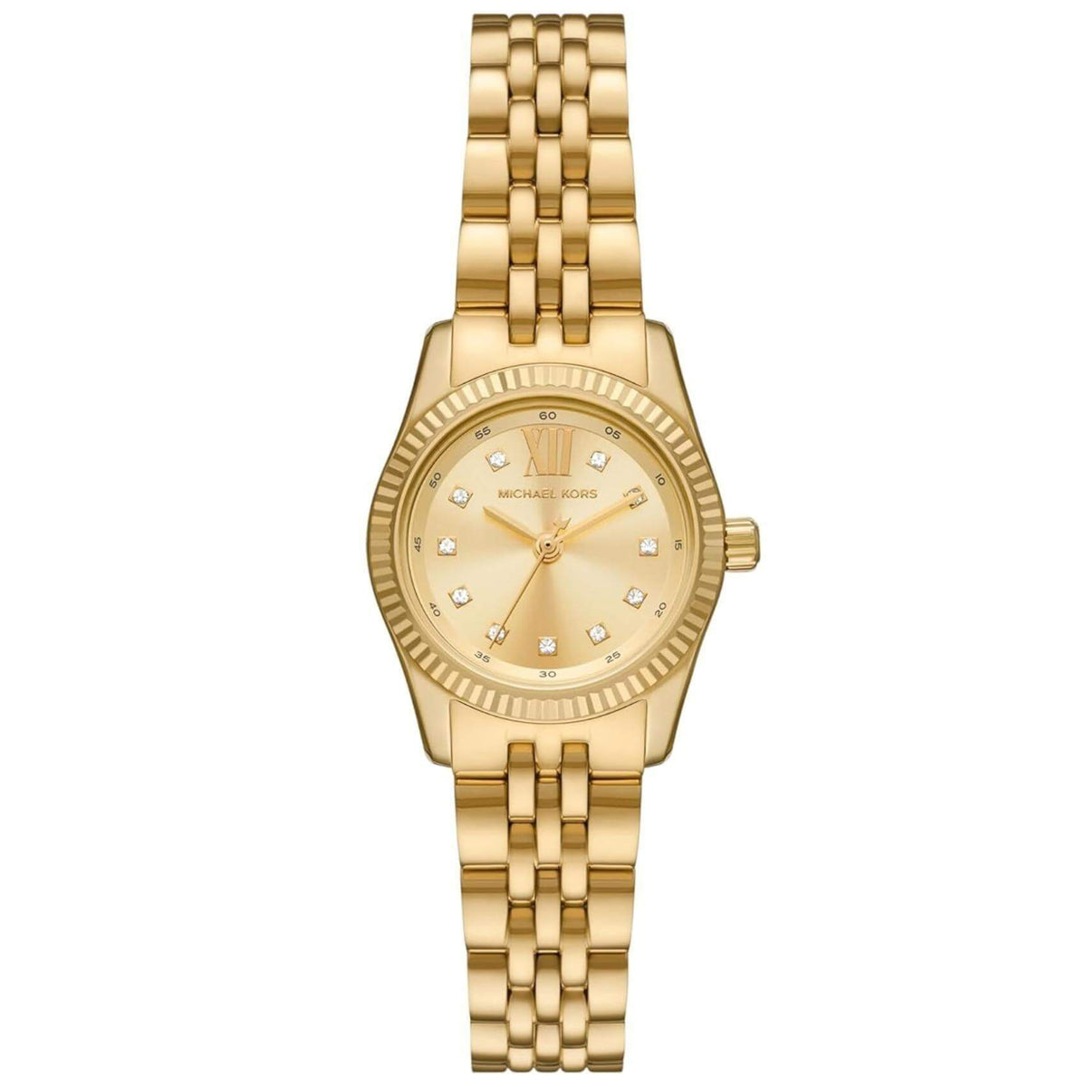 Γυναικείο ρολόι Michael Kors Lexington MK4741 με χρυσό ατσάλινο μπρασελέ, στρογγυλό χρυσό καντράν με ημερομηνία και ζιργκόν και στεφάνι 26mm.