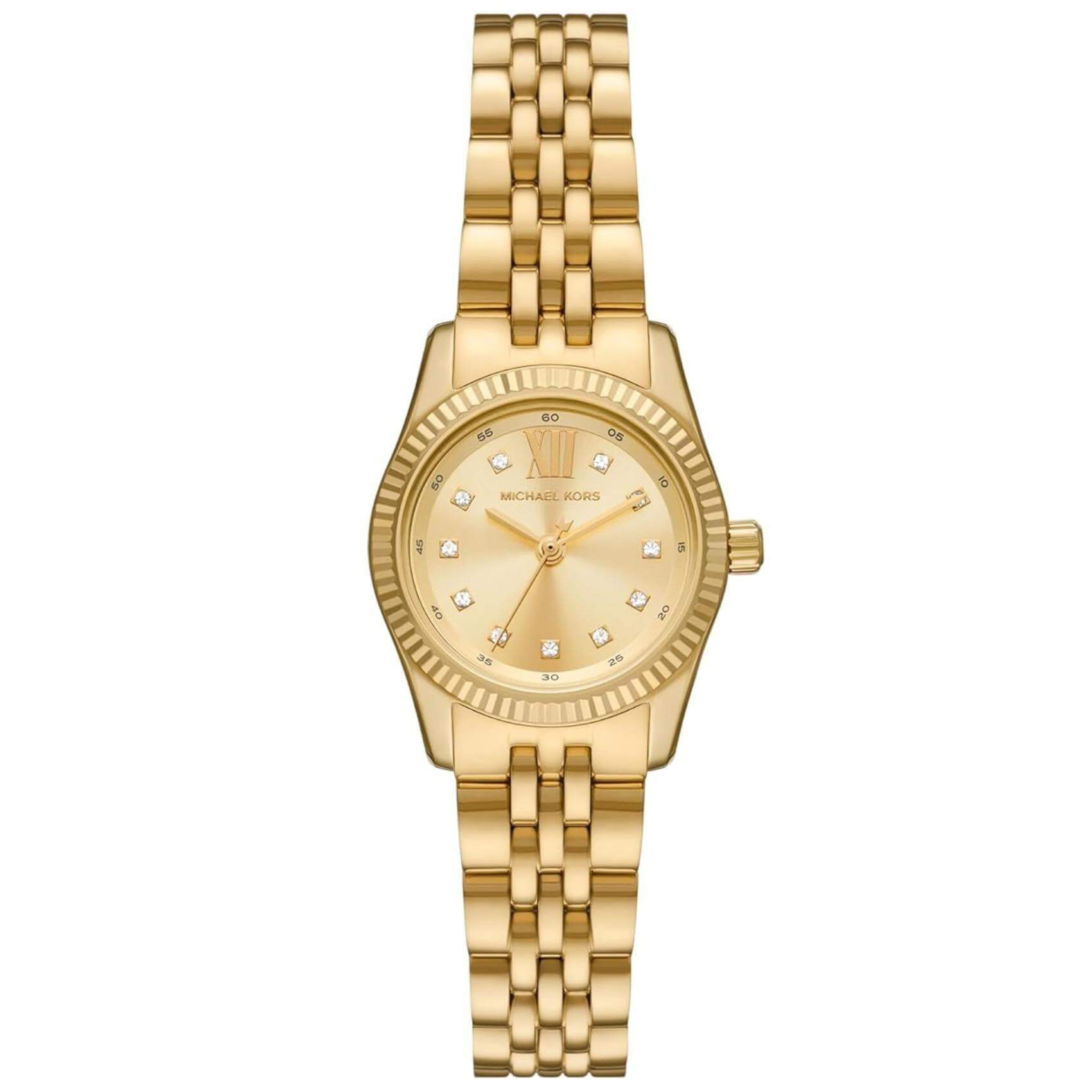 Γυναικείο ρολόι Michael Kors Lexington MK4741 με χρυσό ατσάλινο μπρασελέ, στρογγυλό χρυσό καντράν με ημερομηνία και ζιργκόν και στεφάνι 26mm.