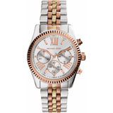 Γυναικείο ρολόι Michael Kors Lexington MK5735 χρονογράφος με τρίχρωμο ατσάλινο μπρασελέ, στρογγυλό ασημί καντράν με ημερομηνία και στεφάνι 38mm.