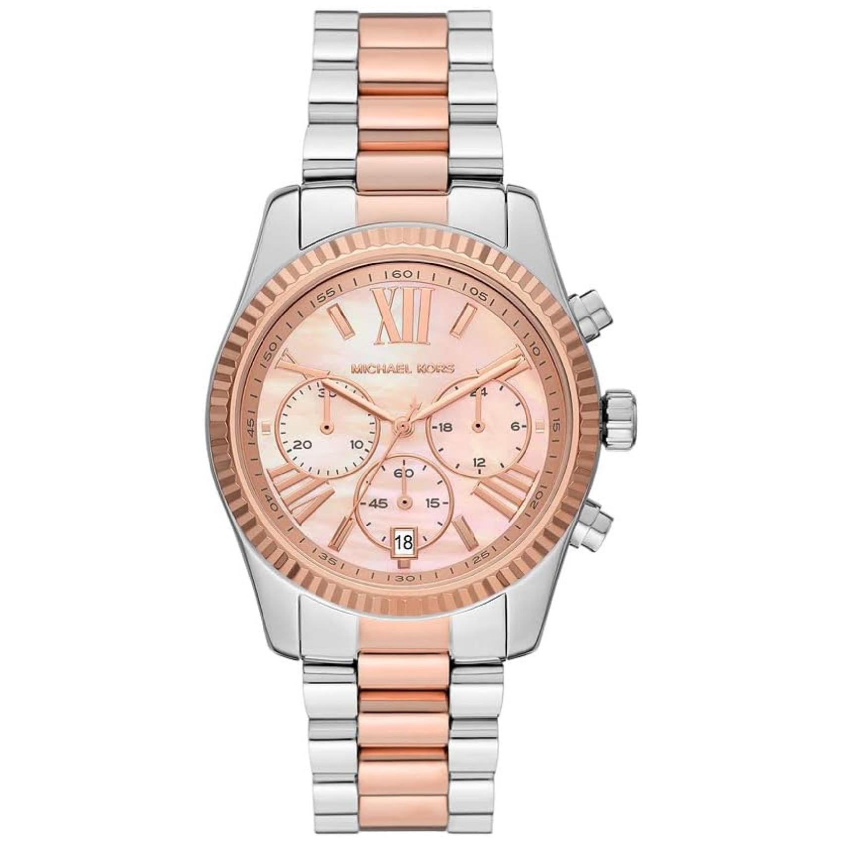 Γυναικείο ρολόι Michael Kors Lexington MK7219 χρονογράφος με δίχρωμο ασημί-ροζ χρυσό ατσάλινο μπρασελέ, στρογγυλό ροζ χρυσό καντράν με ημερομηνία και στεφάνι 38mm.
