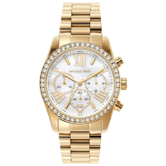 Γυναικείο ρολόι Michael Kors Lexington MK7241 χρονογράφος με χρυσό ατσάλινο μπρασελέ, στρογγυλό άσπρο φίλντισι καντράν με ημερομηνία και στεφάνι 38mm.