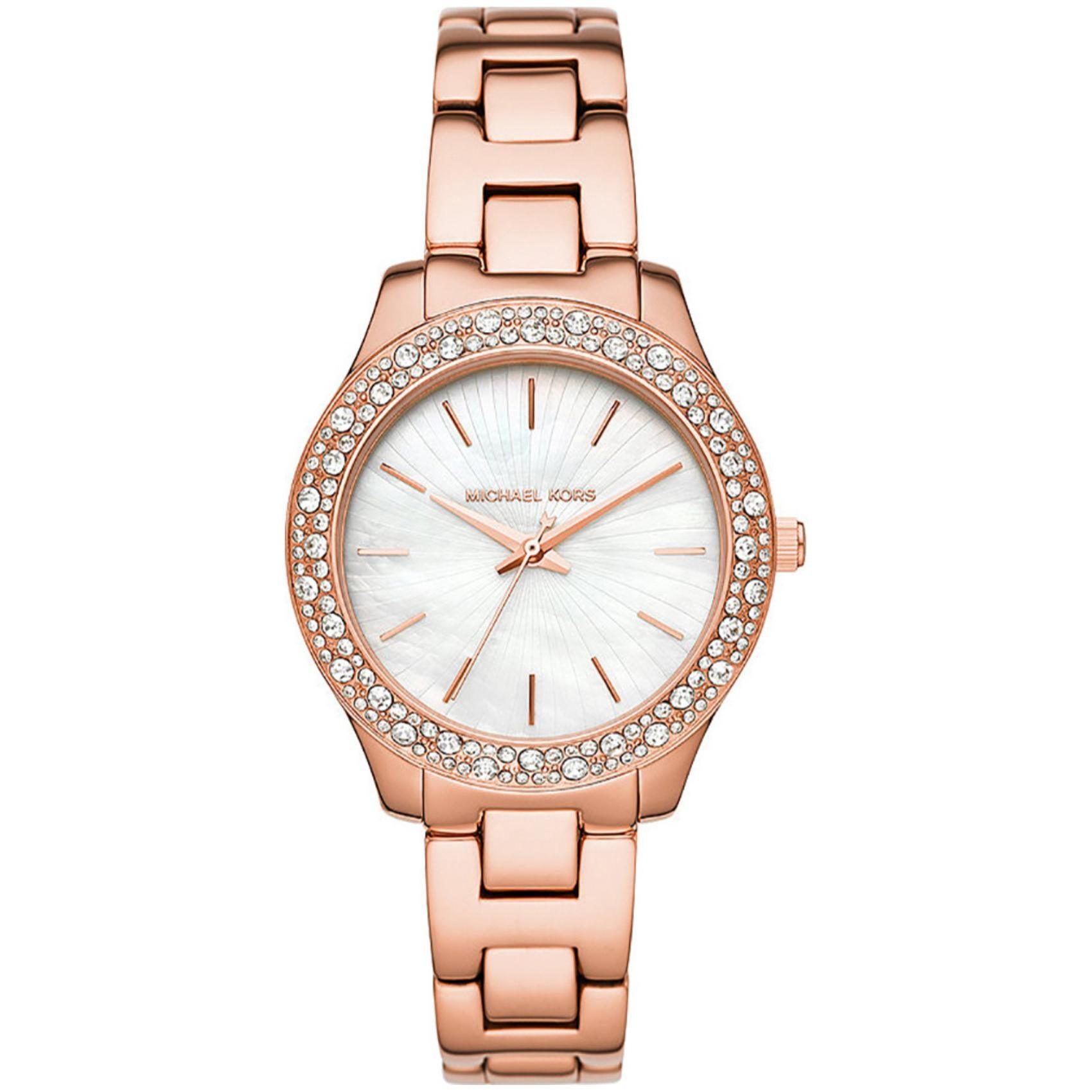 Γυναικείο ρολόι Michael Kors Liliane MK4557 με ροζ χρυσό ατσάλινο μπρασελέ, στρογγυλό άσπρο φίλντισι καντράν και στεφάνι 36mm με ζιργκόν.