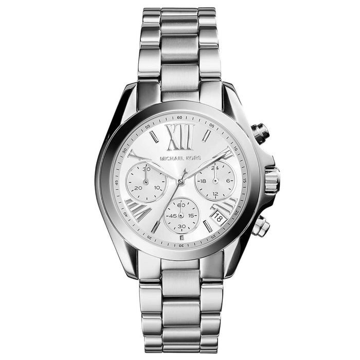 Γυναικείο ρολόι Michael Kors Mini Bradshaw MK6174 χρονογράφος με ατσάλινο μπρασελέ σε ασημί χρώμα, στρογγυλό ασημί καντράν με ημερομηνία και στεφάνι 36mm.