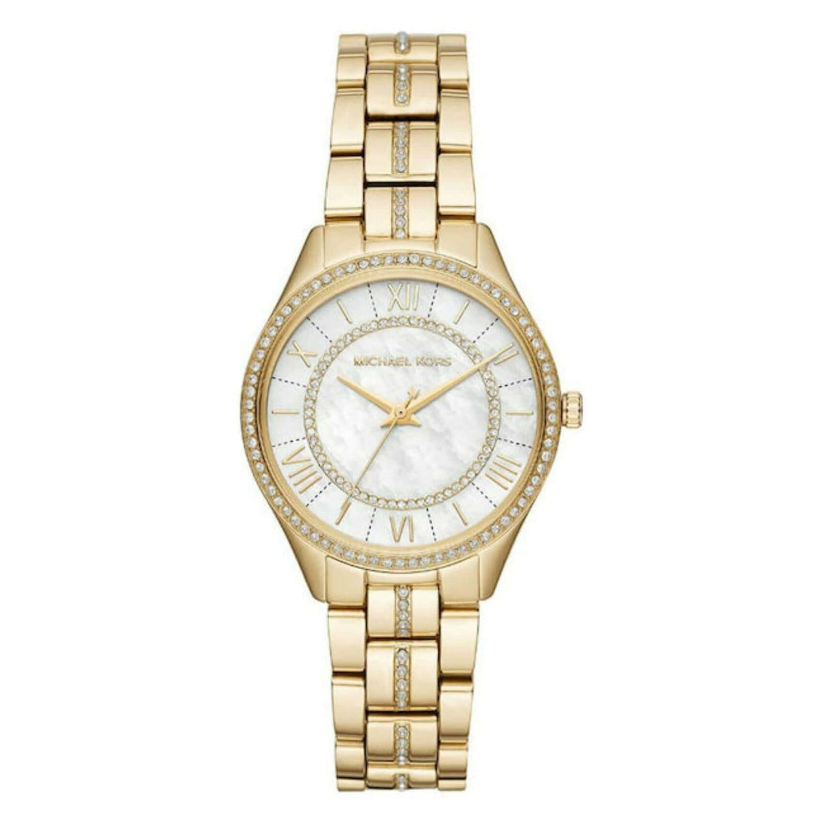 Ρολόι Michael Kors Lauryn MK3899 με χρυσό ατσάλινο μπρασελέ και άσπρο φίλντισι καντράν διαμέτρου 33mm με ζιργκόν.