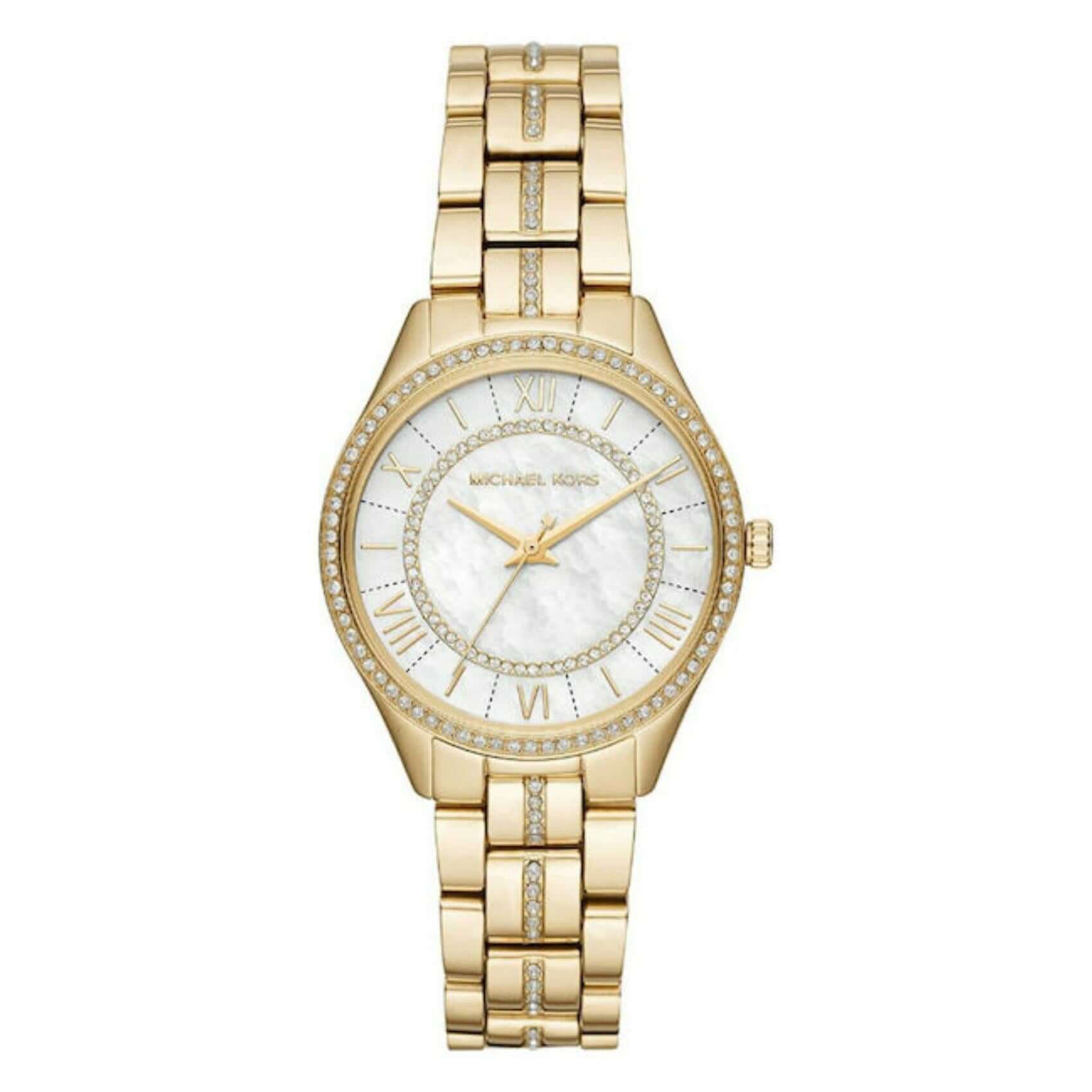 Ρολόι Michael Kors Lauryn MK3899 με χρυσό ατσάλινο μπρασελέ και άσπρο φίλντισι καντράν διαμέτρου 33mm με ζιργκόν.