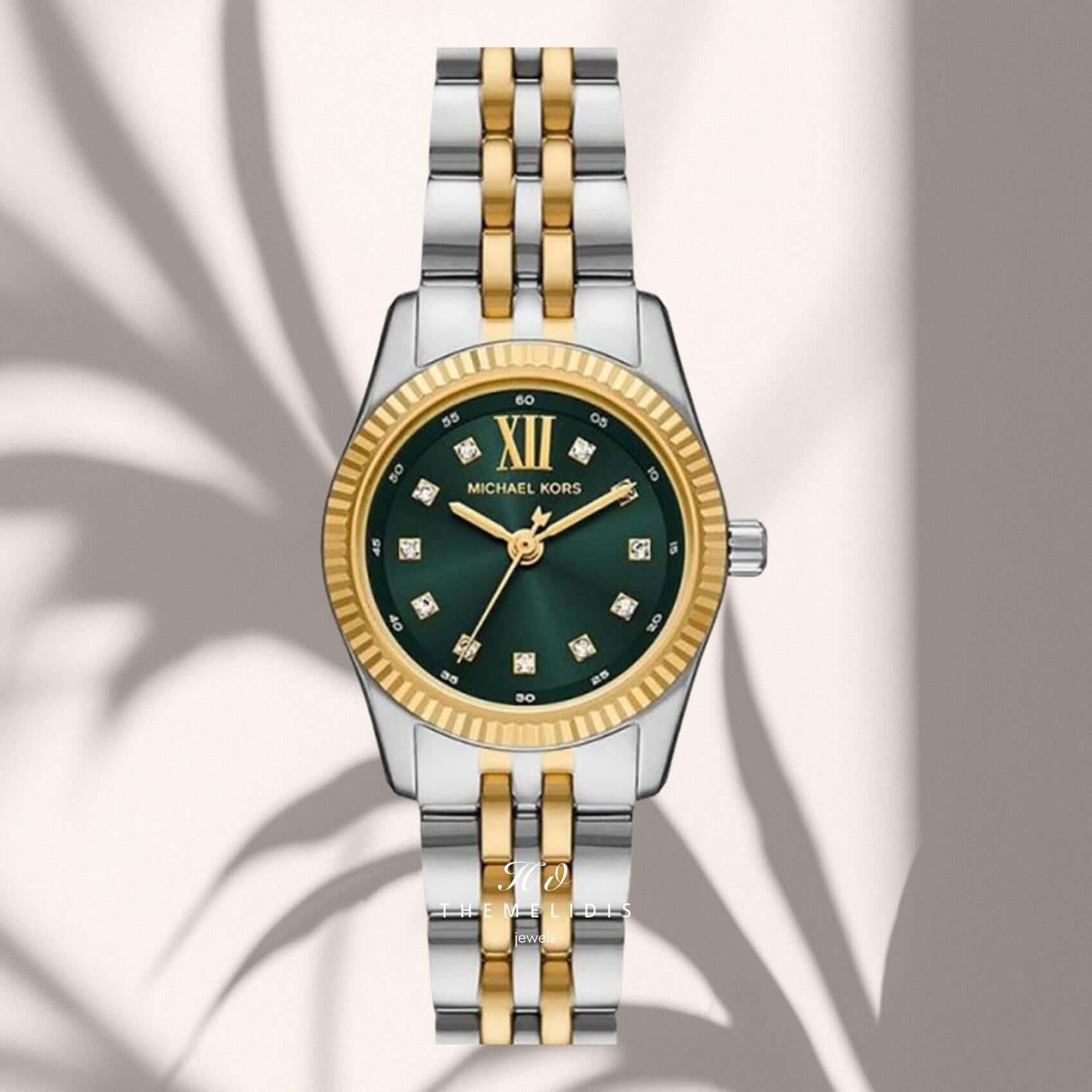 Γυναικείο ρολόι Michael Kors Lexington MK4986 με πράσινο καντράν 26mm, διακριτικά ζιργκόν και δίχρωμο ασημί-χρυσό μπρασελέ.