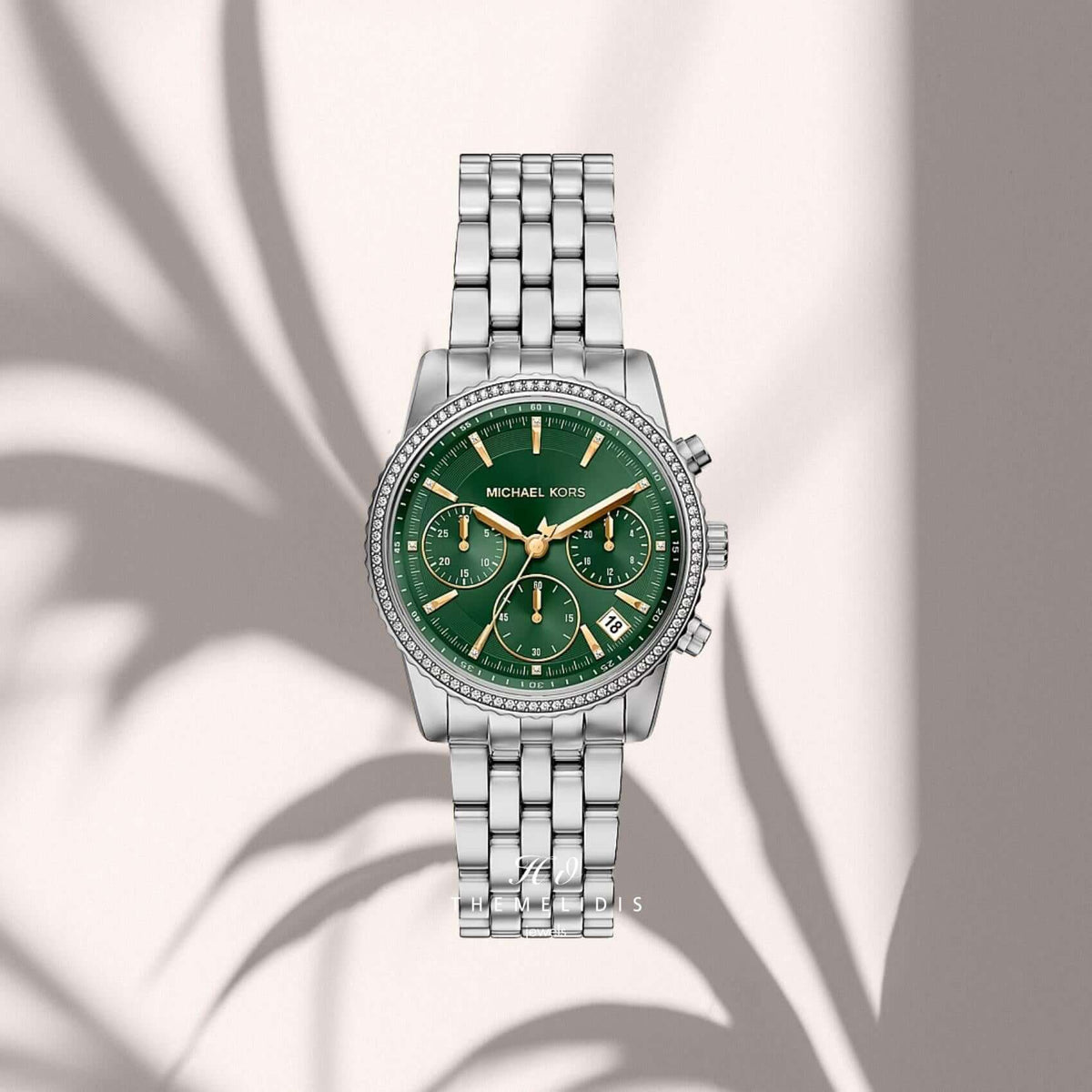 Γυναικείο ρολόι Michael Kors Bryant MK7583 με πράσινο καντράν 35mm, χρονογράφο, ζιργκόν και ασημί μπρασελέ.