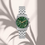 Γυναικείο ρολόι Michael Kors Bryant MK7583 με πράσινο καντράν 35mm, χρονογράφο, ζιργκόν και ασημί μπρασελέ.