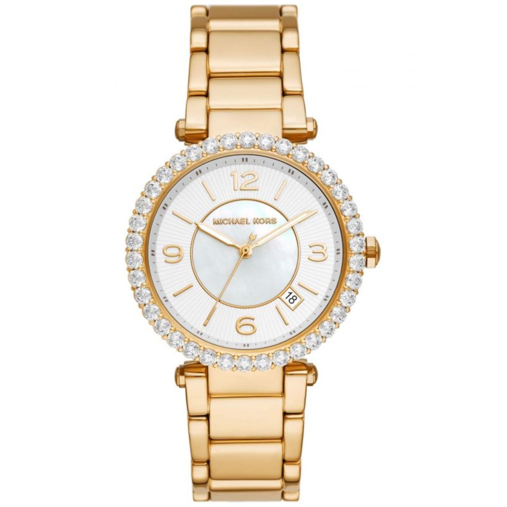 Γυναικείο ρολόι Michael Kors Parker MK4693 με ατσάλινο μπρασελέ σε χρυσό χρώμα, στρογγυλό άσπρο καντράν και στεφάνι 38mm με ζιργκόν.