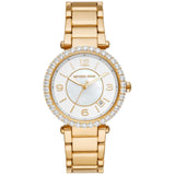 Γυναικείο ρολόι Michael Kors Parker MK4693 με ατσάλινο μπρασελέ σε χρυσό χρώμα, στρογγυλό άσπρο καντράν και στεφάνι 38mm με ζιργκόν.