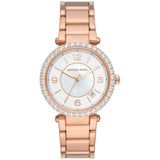 Γυναικείο ρολόι Michael Kors Parker MK4695 με ατσάλινο μπρασελέ σε ροζ χρυσό χρώμα, στρογγυλό άσπρο καντράν και στεφάνι 38mm με ζιργκόν.