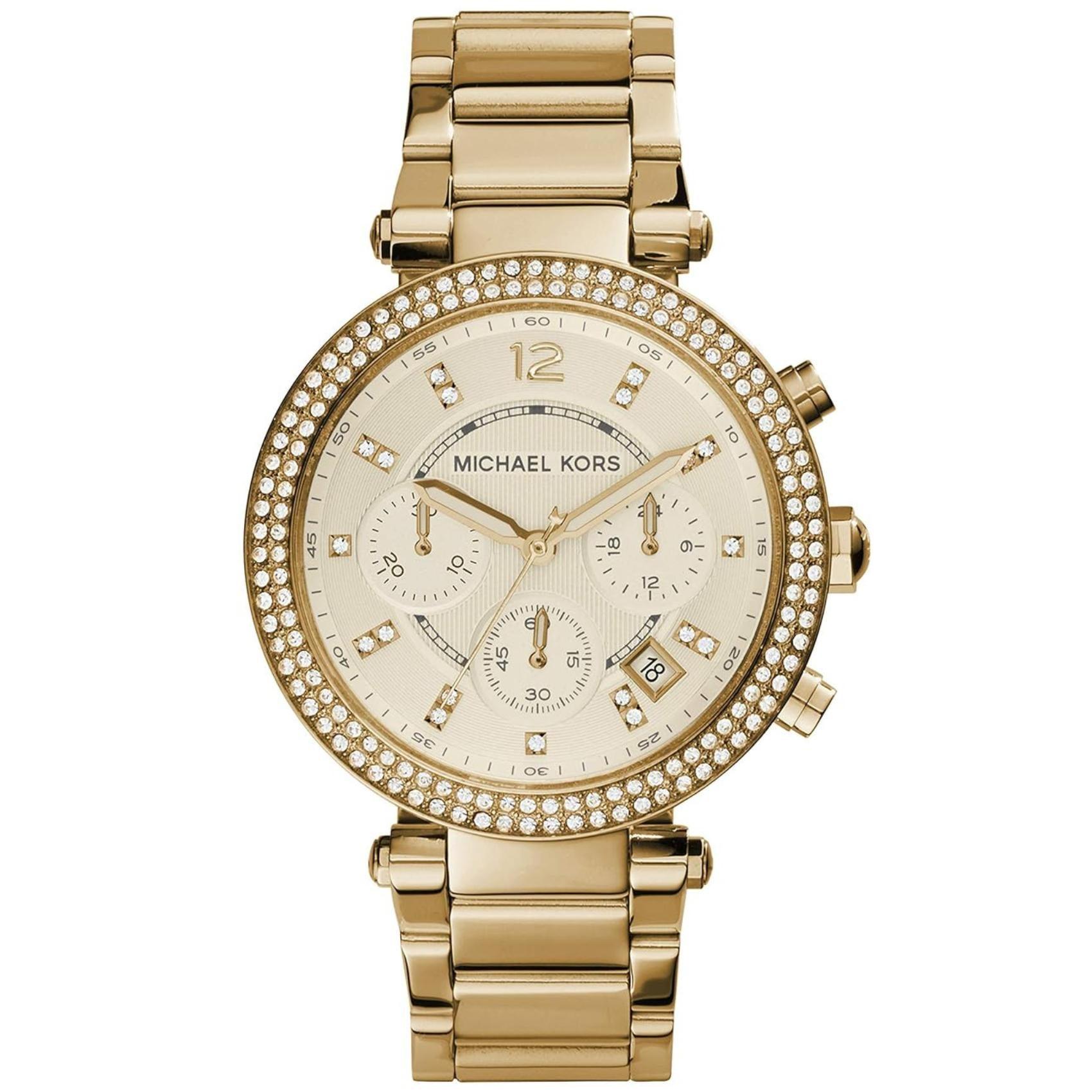 Γυναικείο ρολόι Michael Kors Parker MK5354 χρονογράφος με ατσάλινο μπρασελέ σε χρυσό χρώμα, στρογγυλό χρυσό καντράν και στεφάνι 28mm με ζιργκόν.