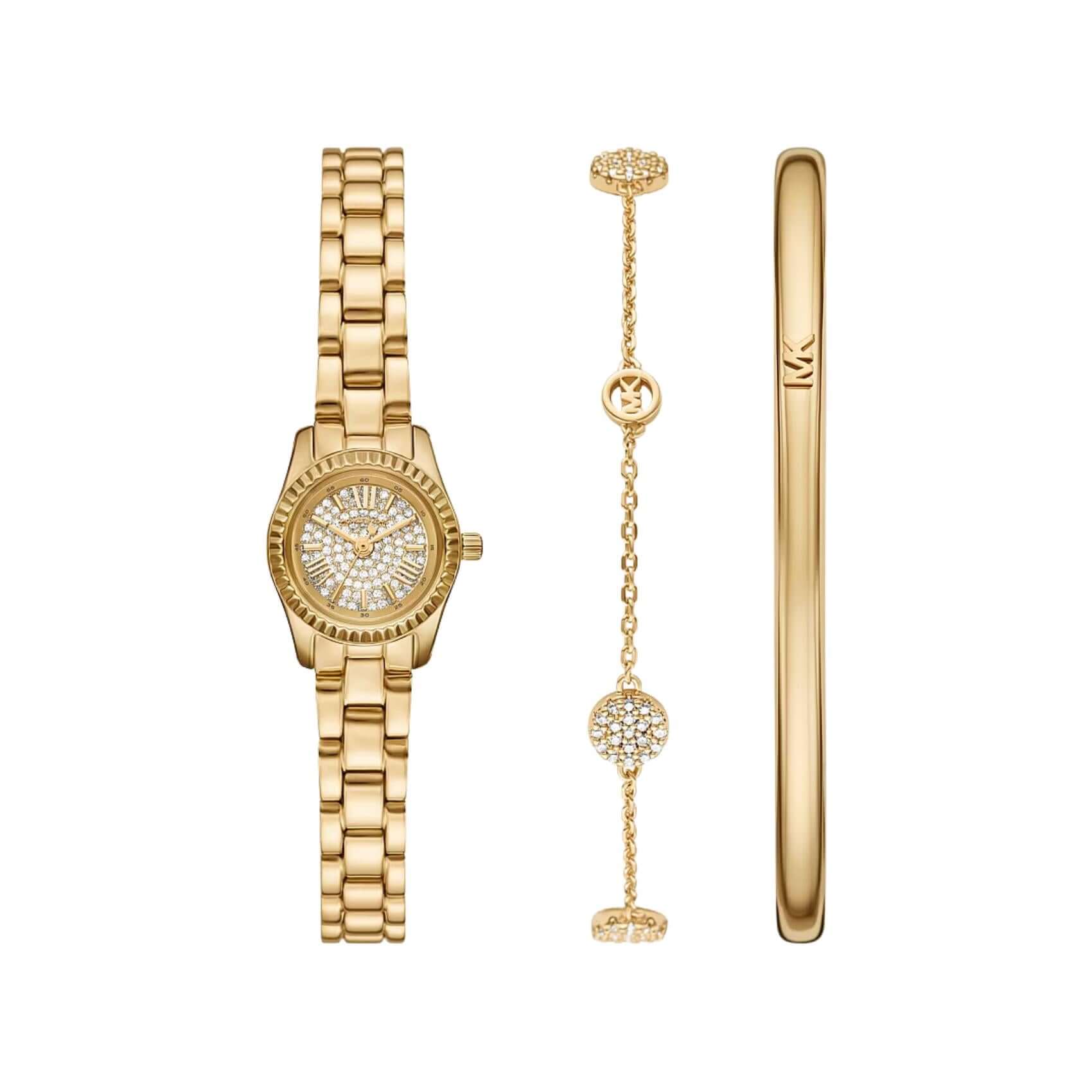 Σετ Michael Kors Petite Lexington MK4944SET με γυναικείο χρυσό ρολόι και δύο χρυσά βραχιόλια από ανοξείδωτο ατσάλι με ζιργκόν.