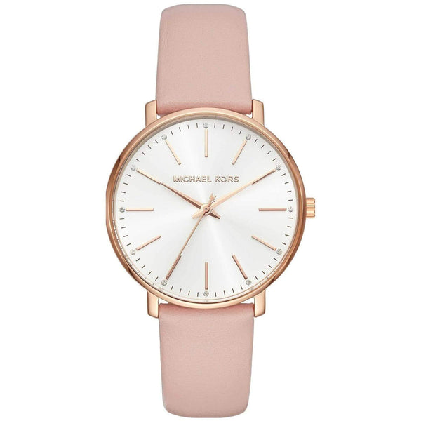 Γυναικείο ρολόι Michael Kors Pyper MK2741 με με ροζ δερμάτινο λουράκι, στρογγυλό άσπρο καντράν με ζιργκόν και στεφάνι 37mm.