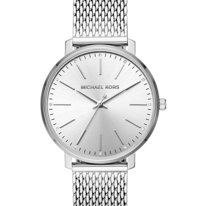Γυναικείο ρολόι Michael Kors Pyper MK4338 με ασημί ατσάλινο μπρασελέ, στρογγυλό ασημί καντράν με ζιργκόν και στεφάνι 37mm.