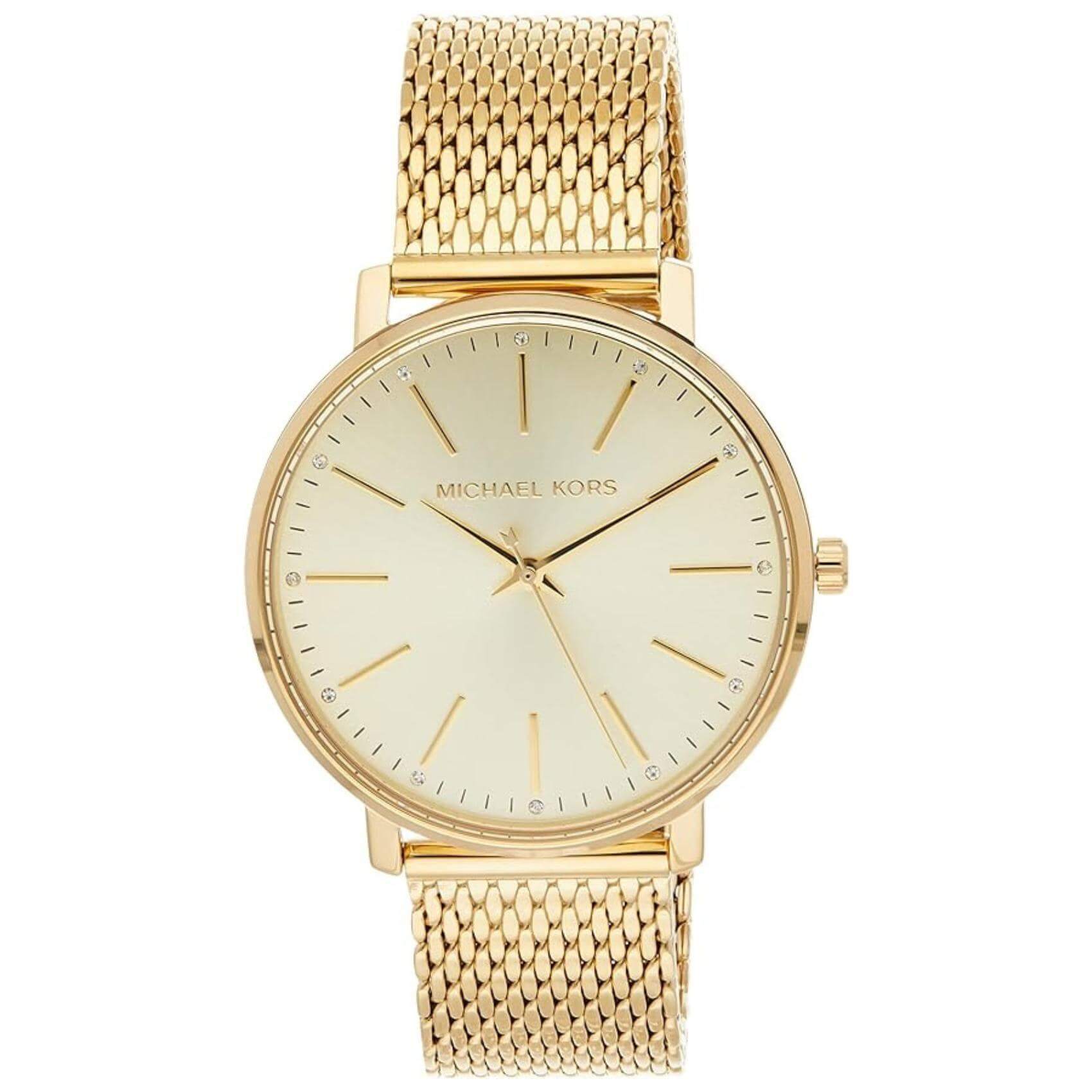 Γυναικείο ρολόι Michael Kors Pyper MK4339 με χρυσό ατσάλινο μπρασελέ, στρογγυλό χρυσό καντράν με ζιργκόν και στεφάνι 37mm.