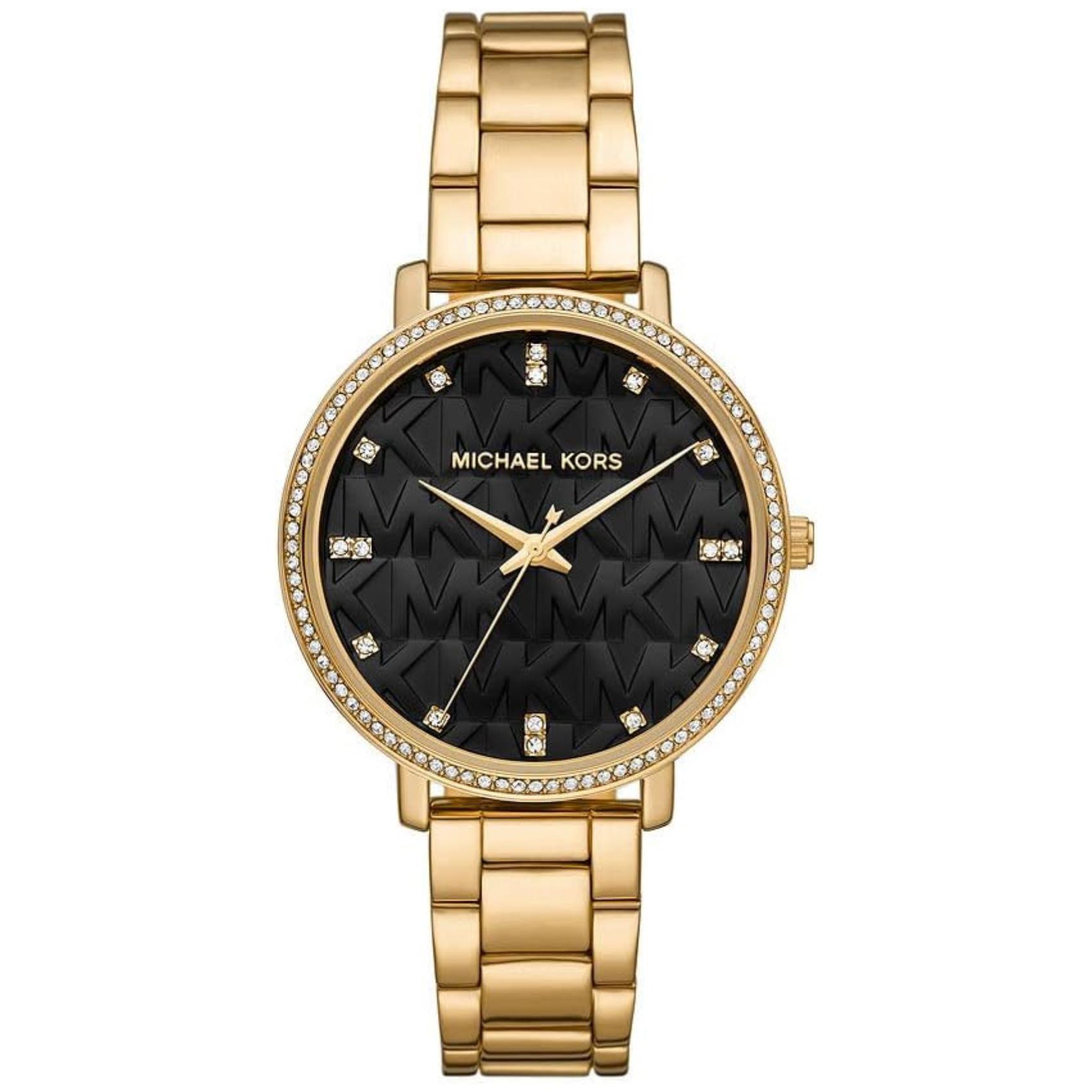 Γυναικείο ρολόι Michael Kors Pyper MK4593 με χρυσό ατσάλινο μπρασελέ, στρογγυλό μαύρο καντράν με ζιργκόν και στεφάνι 37mm.