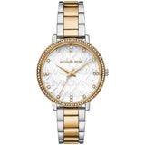 Γυναικείο ρολόι Michael Kors Pyper MK4595 με δίχρωμο ασημί-χρυσό ατσάλινο μπρασελέ, στρογγυλό άσπρο καντράν με ζιργκόν και στεφάνι 37mm.