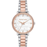 Γυναικείο ρολόι Michael Kors Pyper MK6667 με δίχρωμο ασημί-ροζ χρυσό ατσάλινο μπρασελέ, στρογγυλό άσπρο καντράν με ζιργκόν και στεφάνι 37mm.