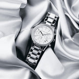 Γυναικείο ρολόι Michael Kors Ritz MK6428 χρονογράφος με ατσάλινο μπρασελέ σε ασημί χρώμα άσπρο καντράν με ημερομηνία και στεφάνι 37mm με ζιργκόν.