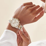 Γυναικείο ρολόι Michael Kors Ritz MK6474 χρονογράφος με δίχρωμο ατσάλινο μπρασελέ σε χρυσό-ασημί χρώμα άσπρο καντράν με ημερομηνία και στεφάνι 37mm με ζιργκόν.