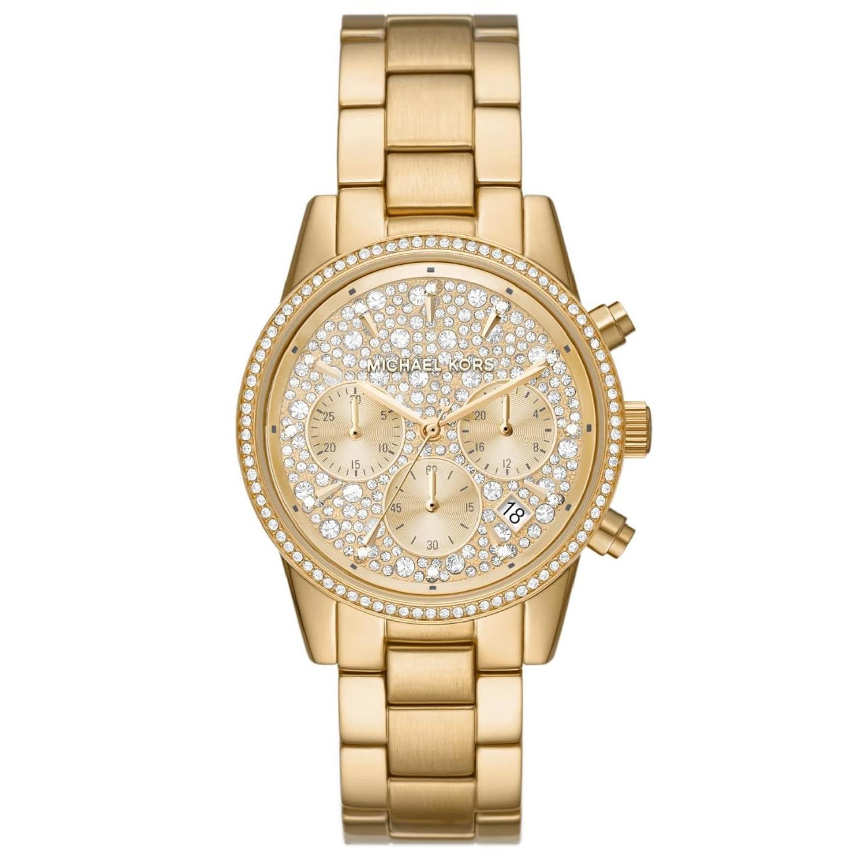Γυναικείο ρολόι Michael Kors Ritz MK7310 χρονογράφος με ατσάλινο μπρασελέ σε χρυσό χρώμα χρυσό καντράν με ημερομηνία και στεφάνι 37mm με ζιργκόν.
