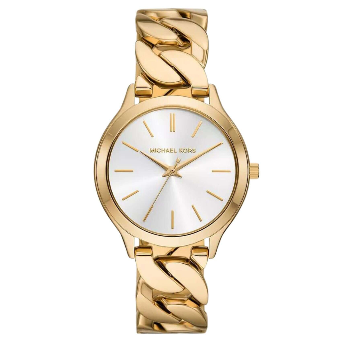 Γυναικείο ρολόι Michael Kors Slim Runway MK7472 με χρυσό ατσάλινο μπρασελέ σε πλέξιμο αλυσίδας και άσπρο καντράν 38mm.
