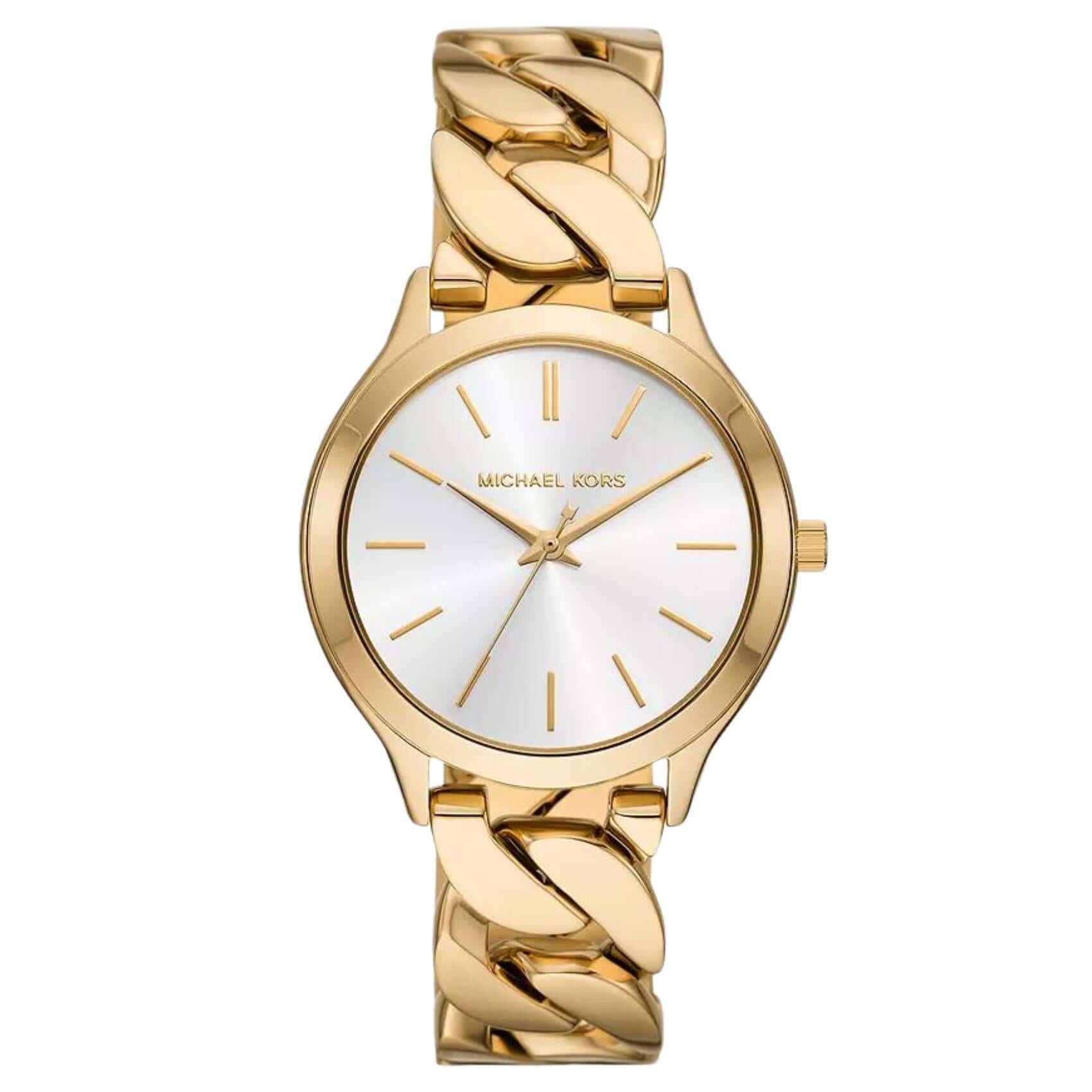Γυναικείο ρολόι Michael Kors Slim Runway MK7472 με χρυσό ατσάλινο μπρασελέ σε πλέξιμο αλυσίδας και άσπρο καντράν 38mm.