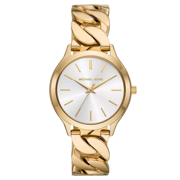 Γυναικείο ρολόι Michael Kors Slim Runway MK7472 με χρυσό ατσάλινο μπρασελέ σε πλέξιμο αλυσίδας και άσπρο καντράν 38mm.