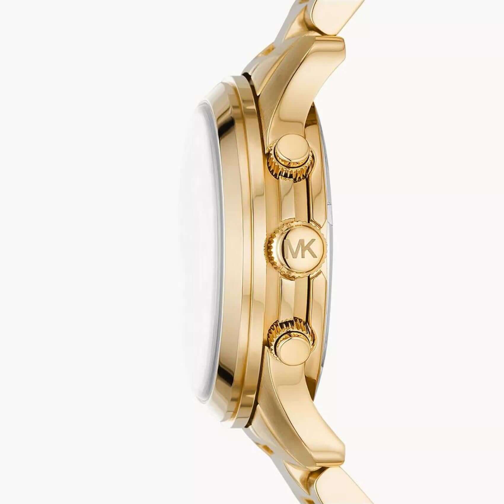Γυναικείο ρολόι χρονογράφος Michael Kors Runway MK7323 με χρυσό ατσάλινο μπρασελέ και χρυσό καντράν διαμέτρου 38mm.