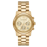 Γυναικείο ρολόι χρονογράφος Michael Kors Runway MK7323 με χρυσό ατσάλινο μπρασελέ και χρυσό καντράν διαμέτρου 38mm.