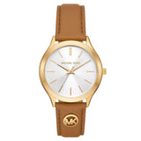 Γυναικείο ρολόι Michael Kors Slim Runway MK7465 με καφέ δερμάτινο λουράκι και άσπρο καντράν 38mm.
