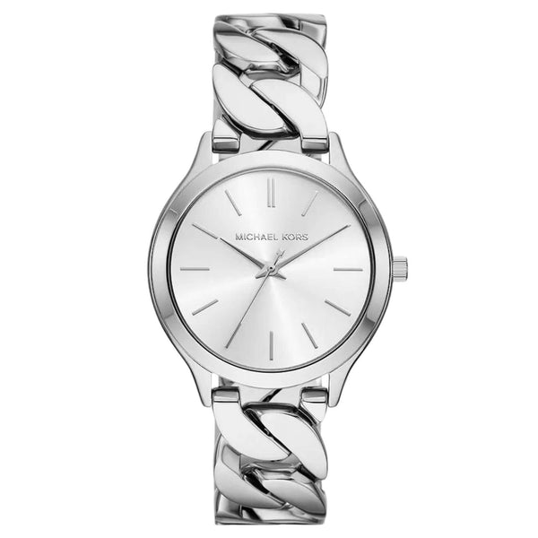 Γυναικείο ρολόι Michael Kors Slim Runway MK7474 με ασημί ατσάλινο μπρασελέ σε πλέξιμο αλυσίδας και ασημί καντράν 38mm.