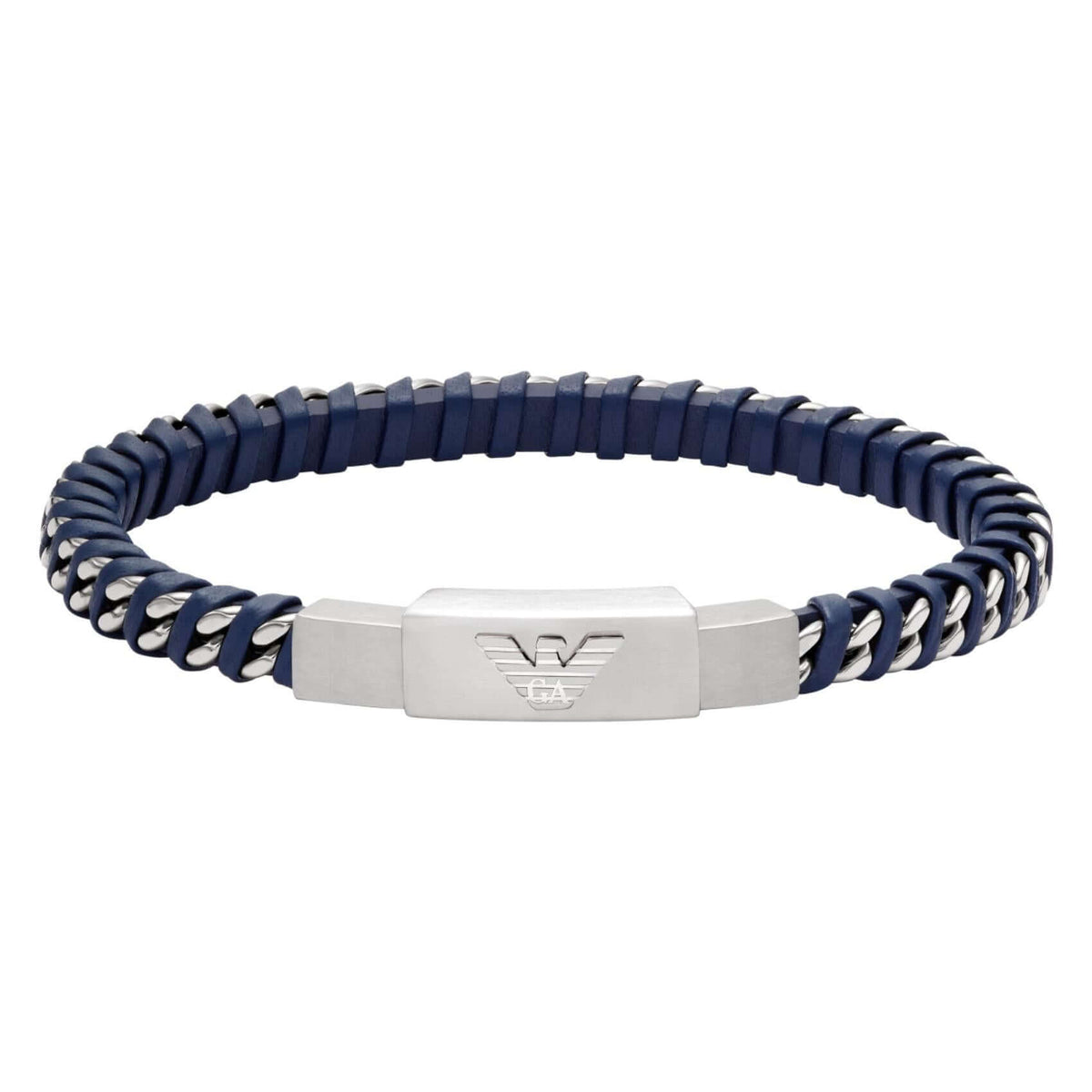 Ανδρικό βραχιόλι Emporio Armani Eagle Logo EGS3319040 με πλεκτό δερμάτινο λουράκι σε μπλε χρώμα, ασημί λεπτομέρειες και μοτίφ ταυτότητα από ανοξείδωτο ατσάλι σε ασημί χρώμα.