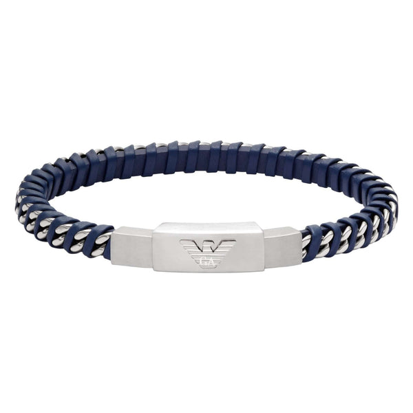 Ανδρικό βραχιόλι Emporio Armani Eagle Logo EGS3319040 με πλεκτό δερμάτινο λουράκι σε μπλε χρώμα, ασημί λεπτομέρειες και μοτίφ ταυτότητα από ανοξείδωτο ατσάλι σε ασημί χρώμα.