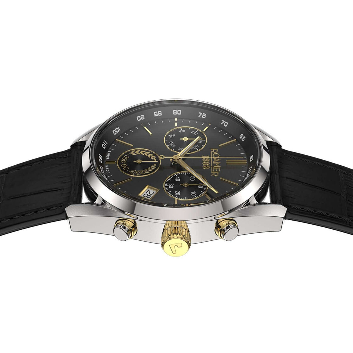 Roamer Pro Chrono Alexander the Great 993819-47-85-21 με μαύρο δερμάτινο λουράκι, κάσα από ανοξείδωτο ατσάλι και χρυσή κορώνα.