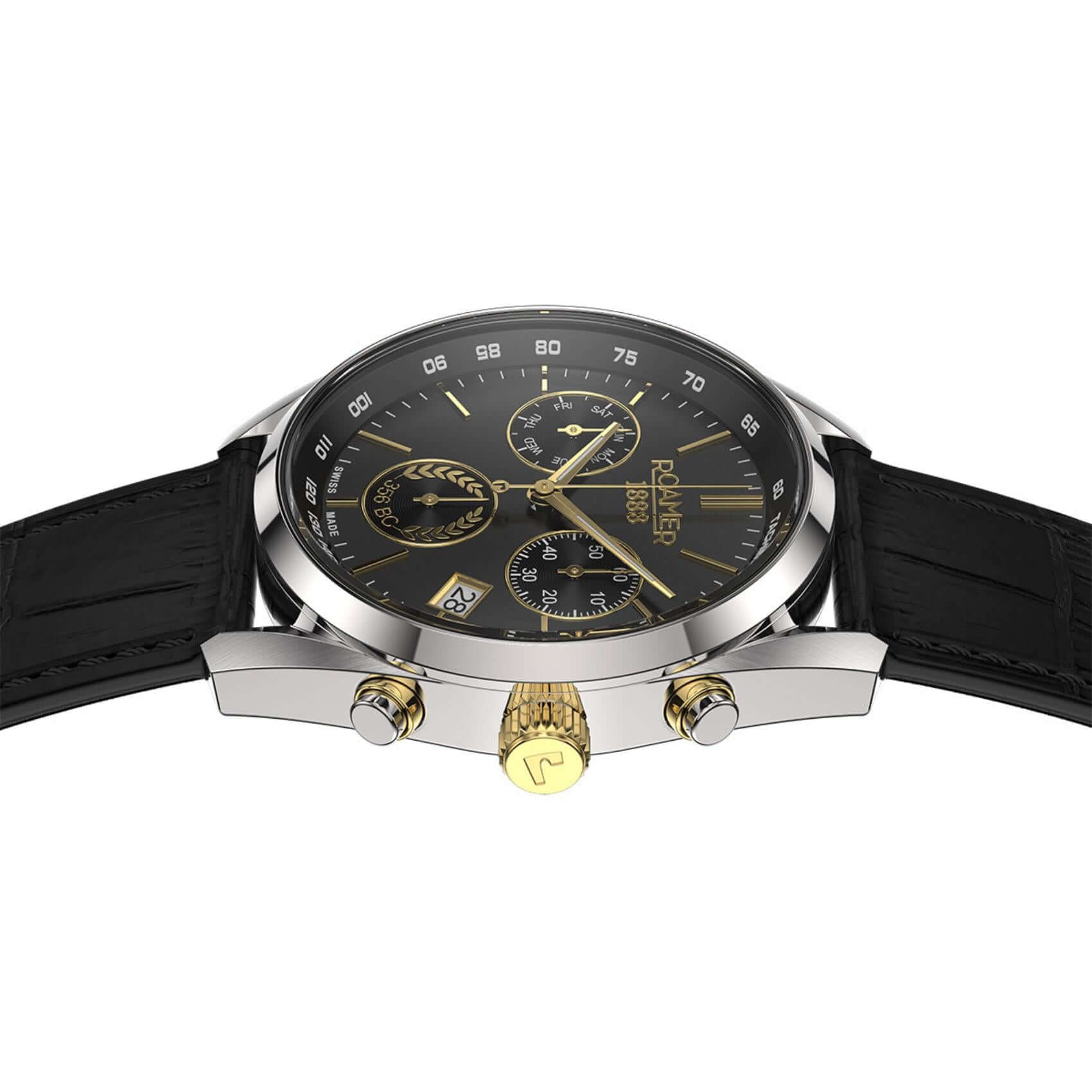 Roamer Pro Chrono Alexander the Great 993819-47-85-21 με μαύρο δερμάτινο λουράκι, κάσα από ανοξείδωτο ατσάλι και χρυσή κορώνα.
