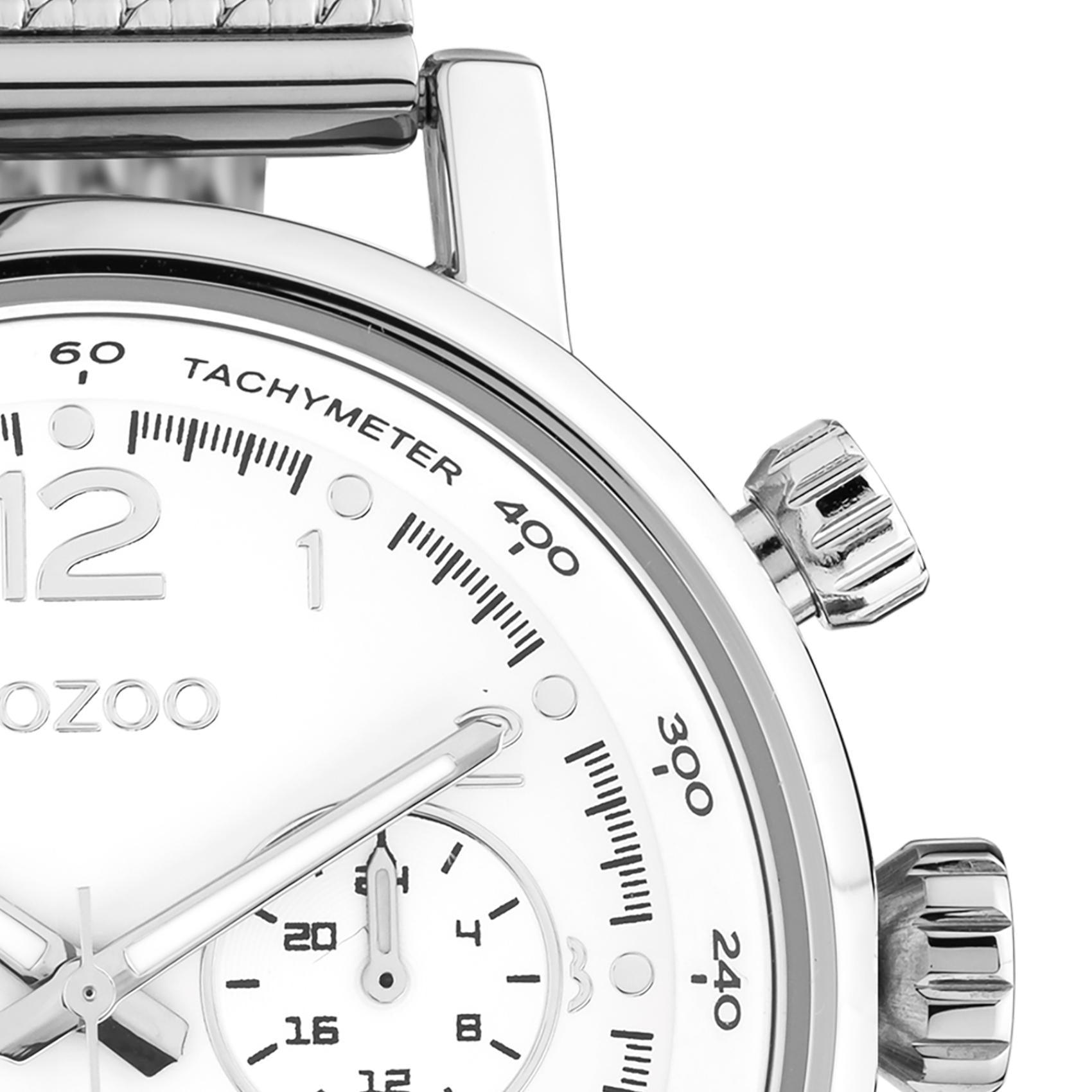 Ρολόι Oozoo C10900 χρονογράφος με ασημί ατσάλινο μπρασελέ ,άσπρο καντράν διαμέτρου 42mm και μηχανισμό μπαταρίας quartz.