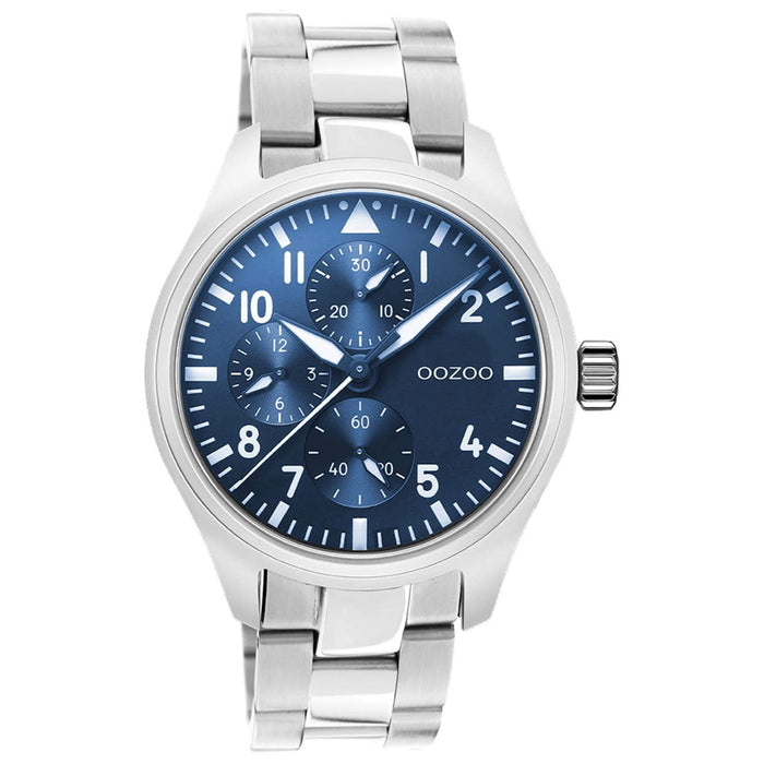 Ρολόι Oozoo C10955 με ασημί ατσάλινο μπρασελέ ,μπλε καντράν διαμέτρου 42mm και μηχανισμό μπαταρίας quartz.