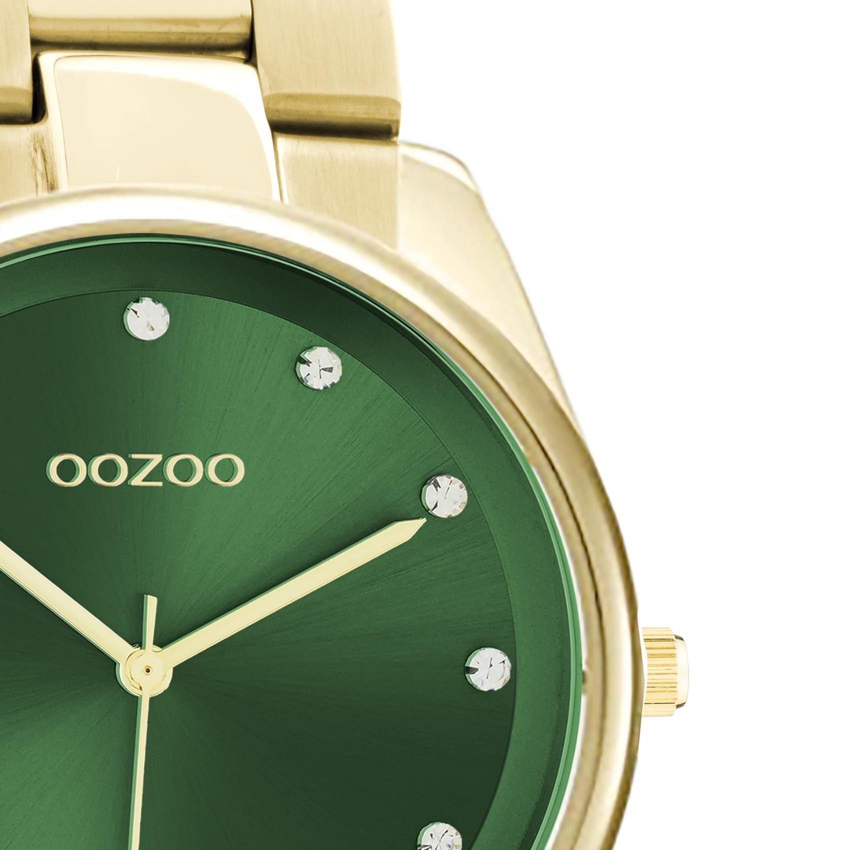Ρολόι Oozoo C10966 με χρυσό ατσάλινο μπρασελέ, πράσινο καντράν διαμέτρου 36mm με ζιργκόν και μηχανισμό μπαταρίας quartz.
